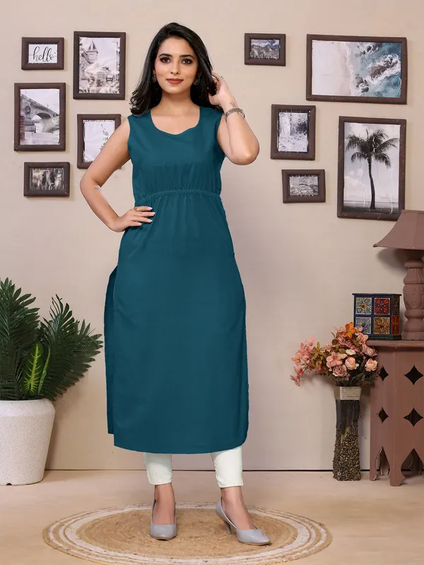 Teal_Blue_Cotton_Mandarin_Neck_Knee_Length_3/4_Sleeve_Kurti_For_Women