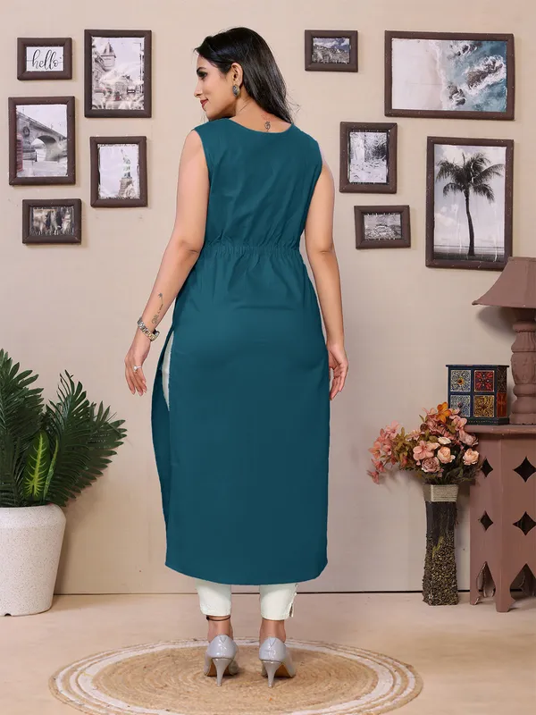 Teal_Blue_Cotton_Mandarin_Neck_Knee_Length_3/4_Sleeve_Kurti_For_Women