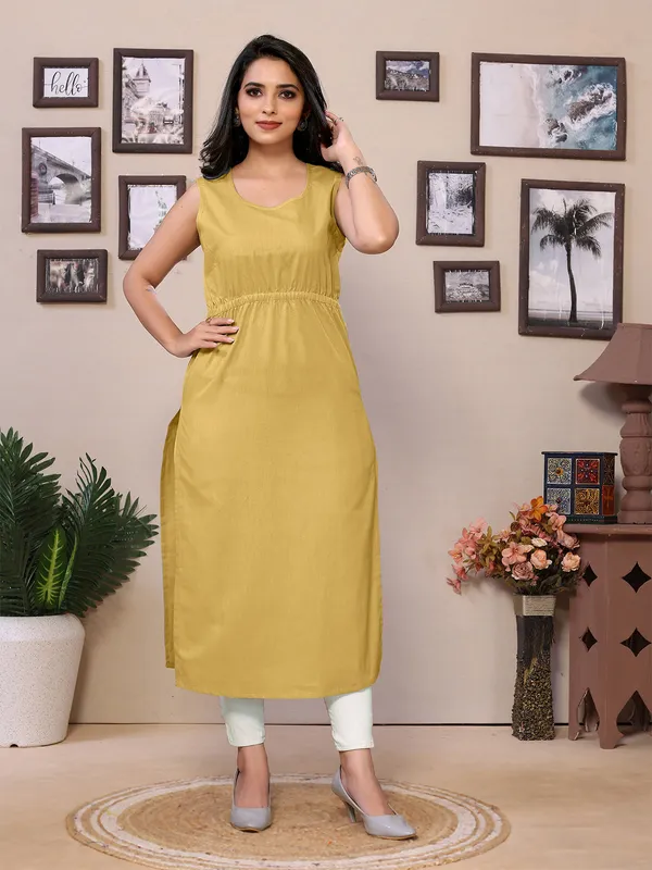 Beige_Cotton_Mandarin_Neck_Knee_Length_3/4_Sleeve_Kurti_For_Women