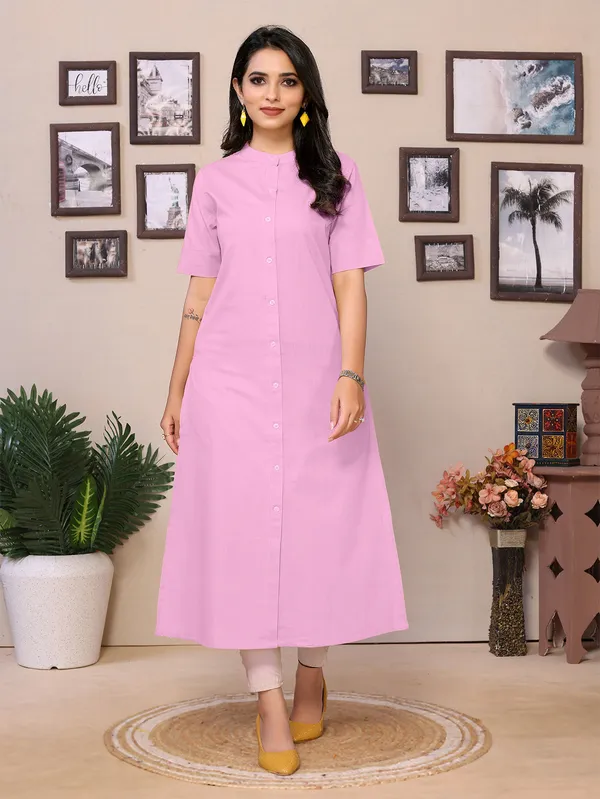 Baby_Pink_Cotton_Mandarin_Collar_Neck_Knee_Length_3/4_Sleeve_Kurti_For_Women