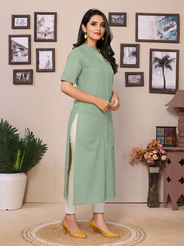 Pista_Cotton_Round_Collar_Neck_Knee_Length_3/4_Sleeve_Kurti_For_Women