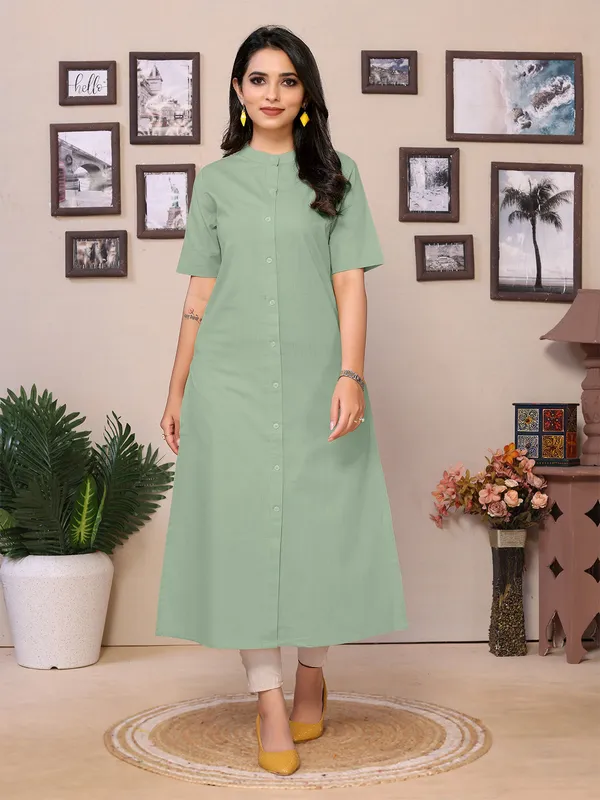 Pista_Cotton_Round_Collar_Neck_Knee_Length_3/4_Sleeve_Kurti_For_Women
