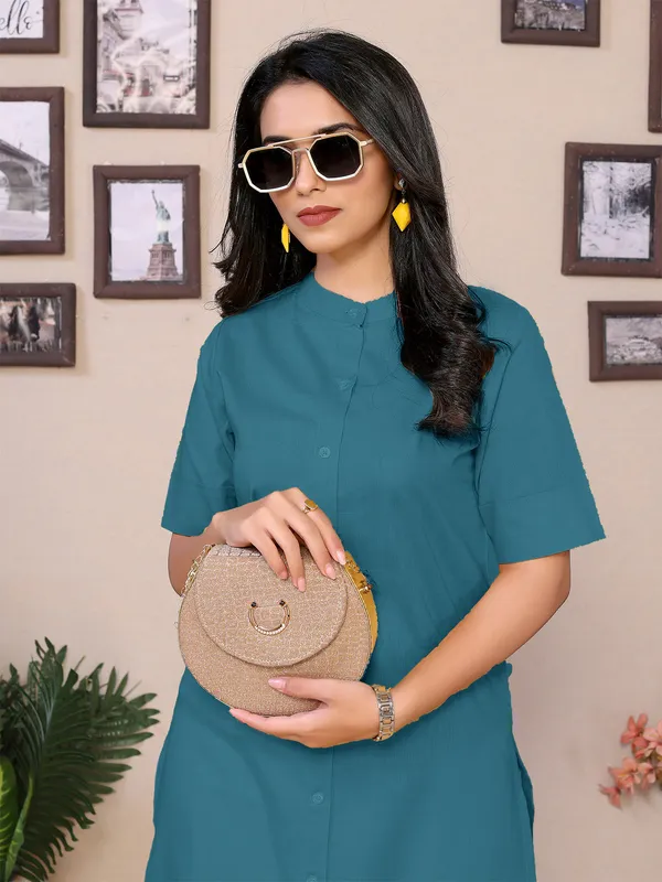Teal_Blue_Cotton_Mandarin_Collar_Neck_Knee_Length_Half_Sleeve_Kurti_For_Women