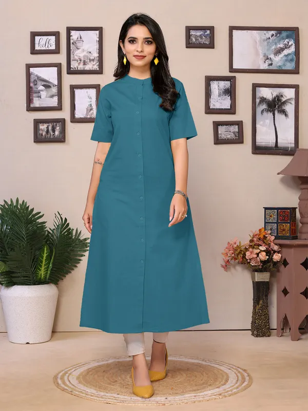 Teal_Blue_Cotton_Mandarin_Collar_Neck_Knee_Length_Half_Sleeve_Kurti_For_Women