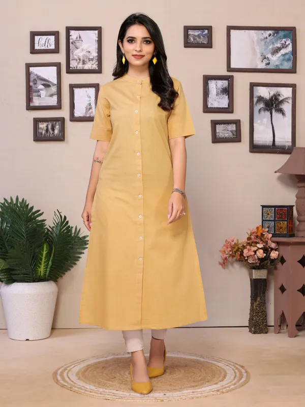 Beige_Cotton_Round_Collar_Neck_Knee_Length_3/4_Sleeve_Kurti_For_Women