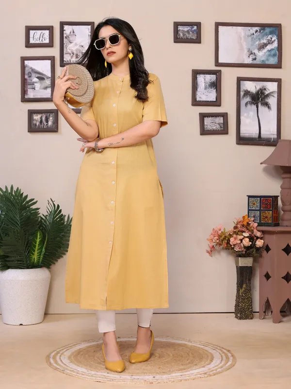 Beige_Cotton_Round_Collar_Neck_Knee_Length_3/4_Sleeve_Kurti_For_Women
