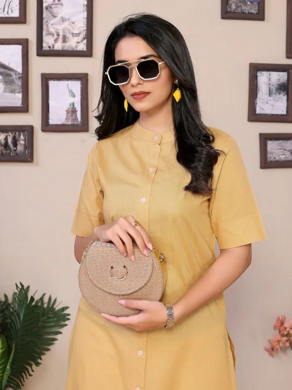 Beige_Cotton_Round_Collar_Neck_Knee_Length_3/4_Sleeve_Kurti_For_Women