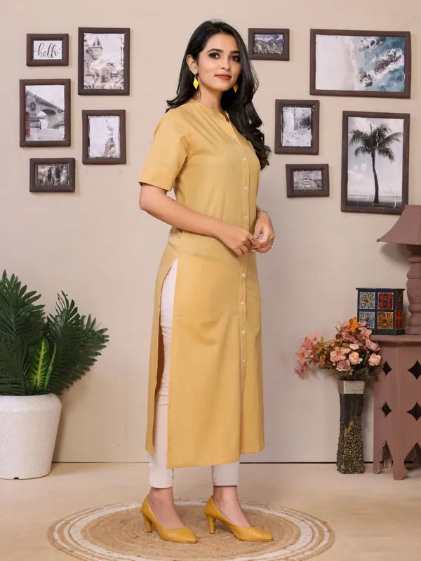 Beige_Cotton_Round_Collar_Neck_Knee_Length_3/4_Sleeve_Kurti_For_Women