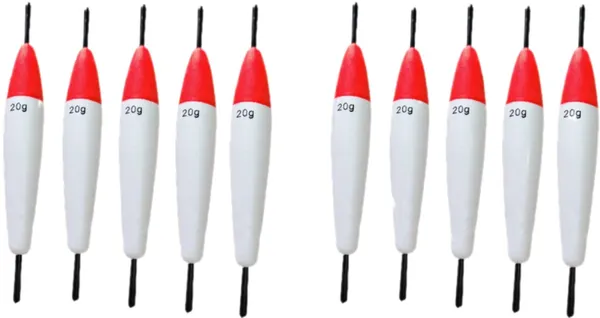 Red_White_Cylindrical_Fishing_Float_Set_Bobbers_With_Sticks_Tackle_Lure_(20_Grams)_(Pack_Of_10)_(11_Cm_Long)