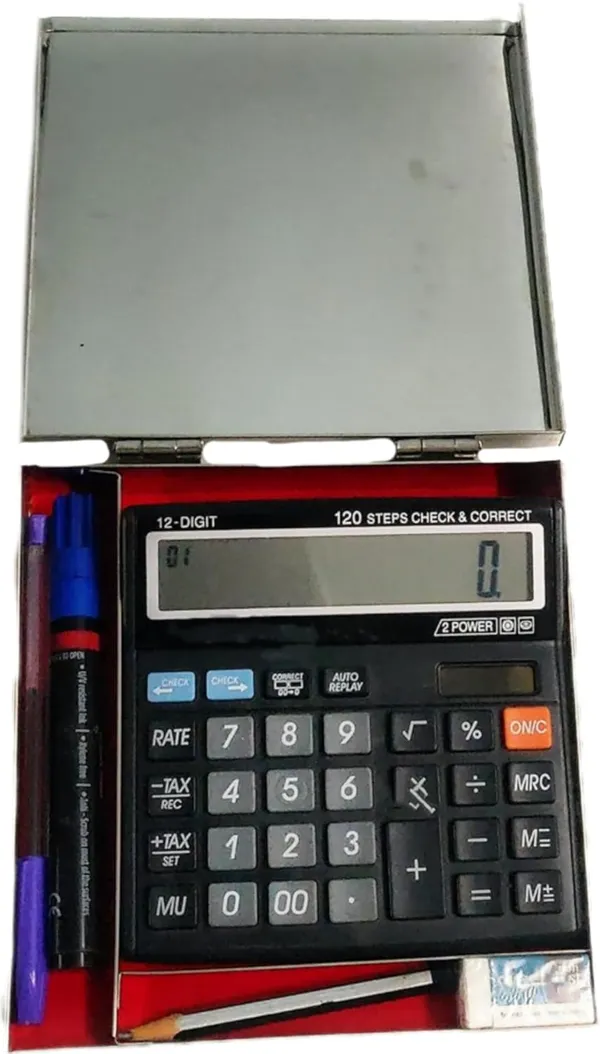 Silver_Stainless_Steel_Calculator_Cover_Safe_Case_(Calculator_Box_With_Compartment)_(14_X_12.7_X_5.1_Cm)