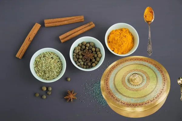 Multicolor_Brass_Masala_Container_Box_For_Kitchen_With_Brass_Spoon_(8_Inch_Dia)_(2_Inch)