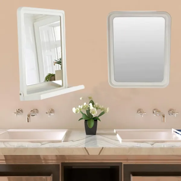 ‎Beige_Plastic_Frame_Mirror_Wall_Hanging_For_Bathroom_Bedroom_Dressing_Table_(Square_With_Shelf)_(10X13_Inch)