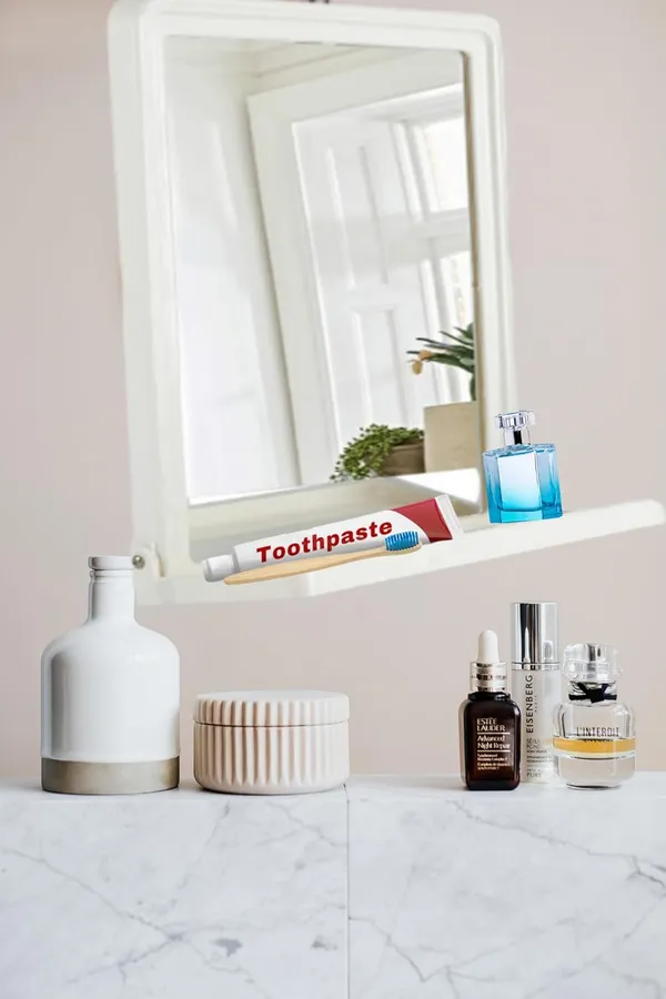 ‎Beige_Plastic_Frame_Mirror_Wall_Hanging_For_Bathroom_Bedroom_Dressing_Table_(Square_With_Shelf)_(10X13_Inch)
