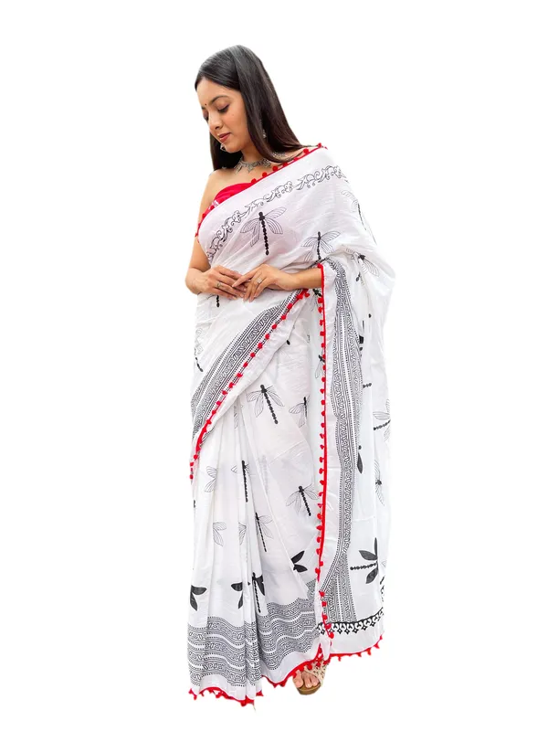 White_Jaipuri_Block_Print_Bagru_Hand_Block_Printed_Mulmul_Cotton_Saree_For_Woman