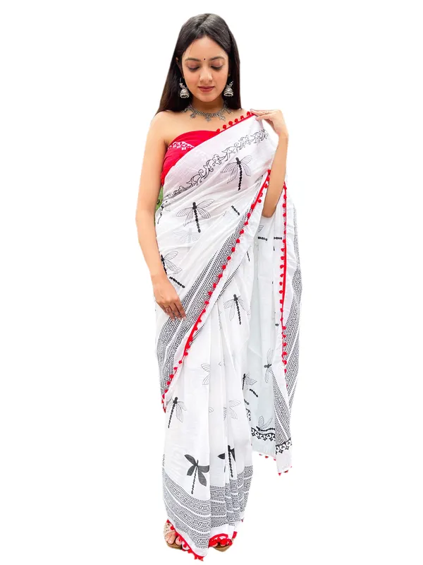 White_Jaipuri_Block_Print_Bagru_Hand_Block_Printed_Mulmul_Cotton_Saree_For_Woman