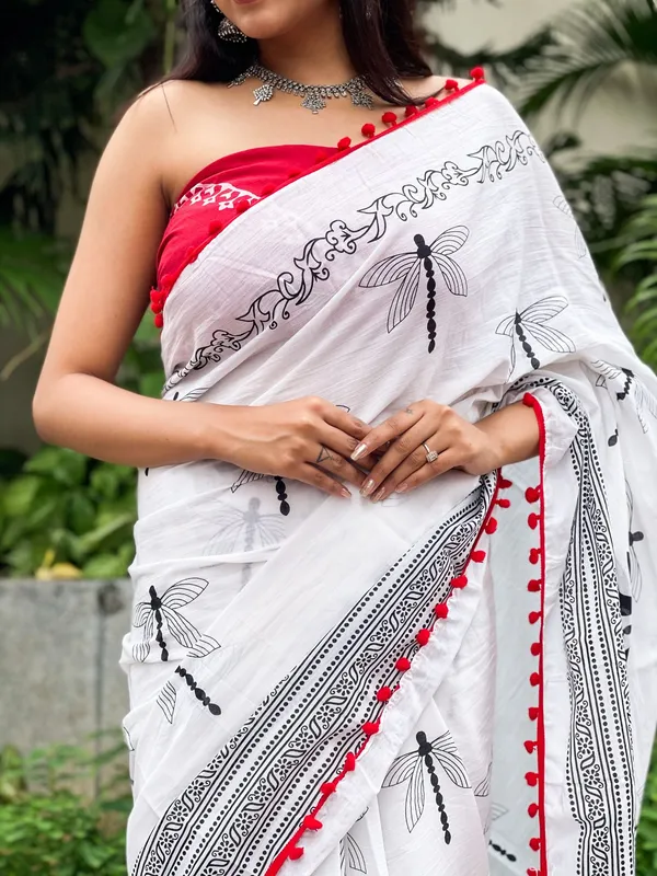 White_Jaipuri_Block_Print_Bagru_Hand_Block_Printed_Mulmul_Cotton_Saree_For_Woman