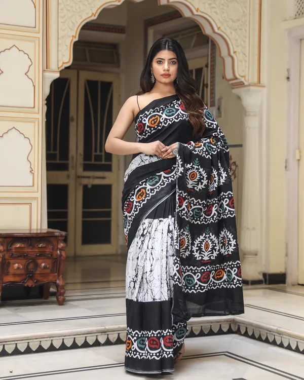 Black_Jaipuri_Block_Print_Bagru_Hand_Block_Printed_Mulmul_Cotton_Saree_For_Woman