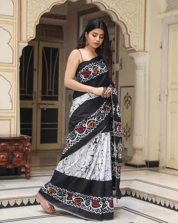 Black_Jaipuri_Block_Print_Bagru_Hand_Block_Printed_Mulmul_Cotton_Saree_For_Woman
