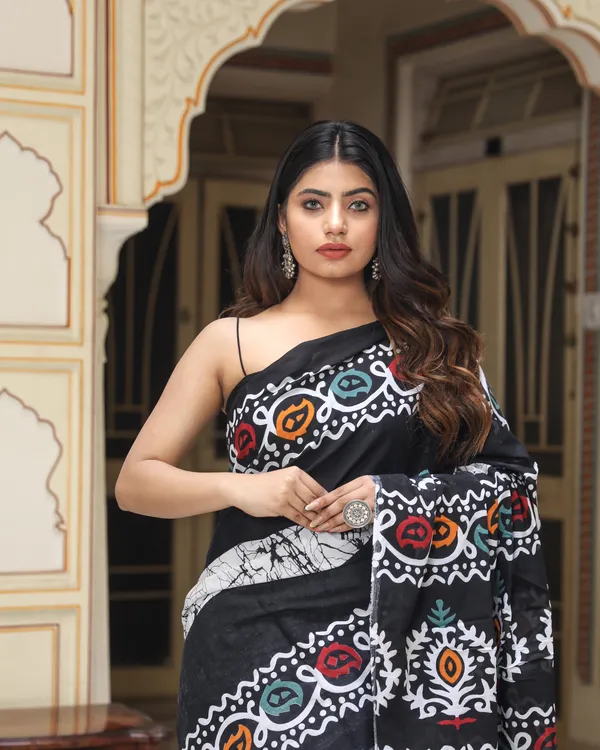 Black_Jaipuri_Block_Print_Bagru_Hand_Block_Printed_Mulmul_Cotton_Saree_For_Woman