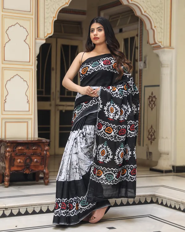 Black_Jaipuri_Block_Print_Bagru_Hand_Block_Printed_Mulmul_Cotton_Saree_For_Woman
