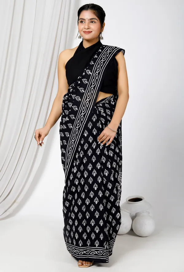 Black_Jaipuri_Block_Print_Bagru_Hand_Block_Printed_Mulmul_Cotton_Saree_For_Woman