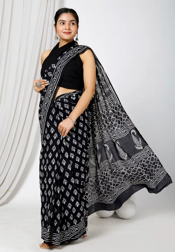 Black_Jaipuri_Block_Print_Bagru_Hand_Block_Printed_Mulmul_Cotton_Saree_For_Woman