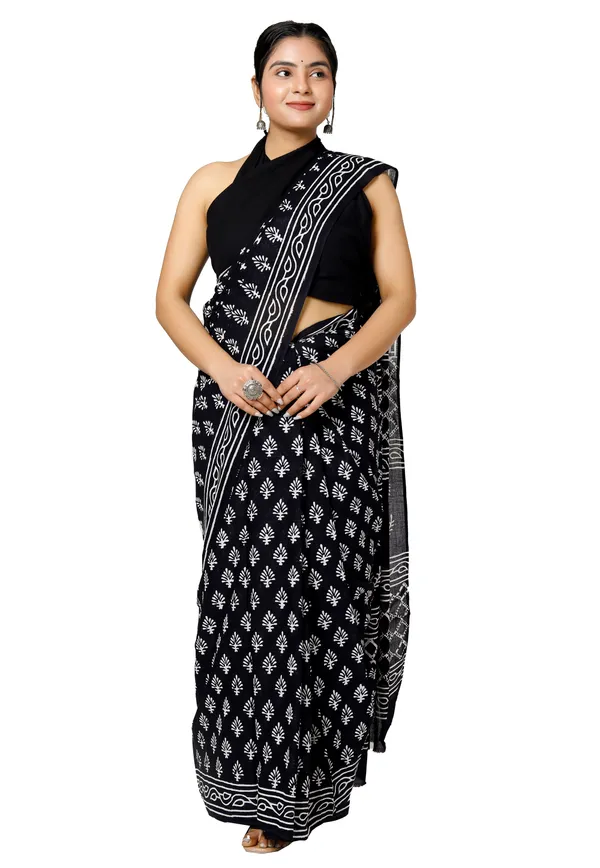 Black_Jaipuri_Block_Print_Bagru_Hand_Block_Printed_Mulmul_Cotton_Saree_For_Woman