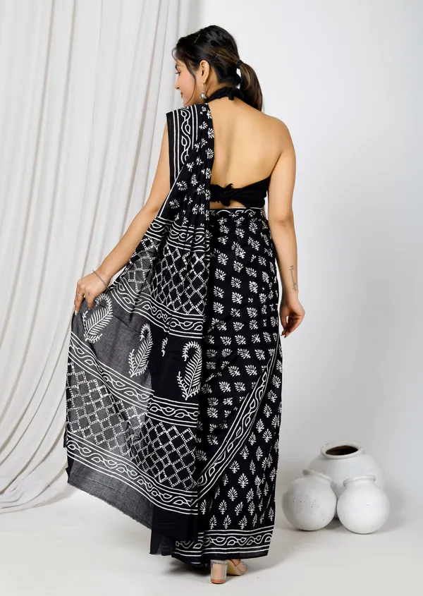 Black_Jaipuri_Block_Print_Bagru_Hand_Block_Printed_Mulmul_Cotton_Saree_For_Woman