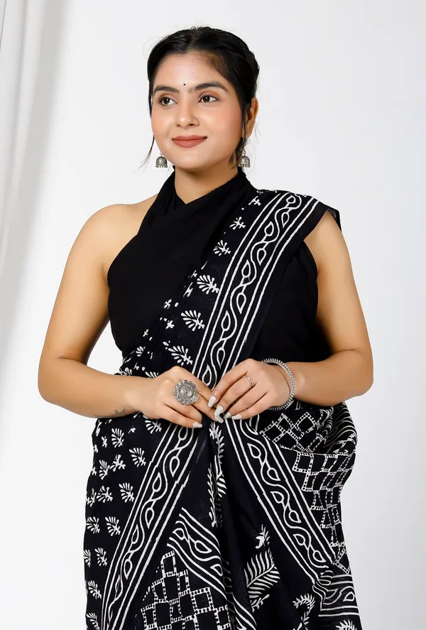 Black_Jaipuri_Block_Print_Bagru_Hand_Block_Printed_Mulmul_Cotton_Saree_For_Woman