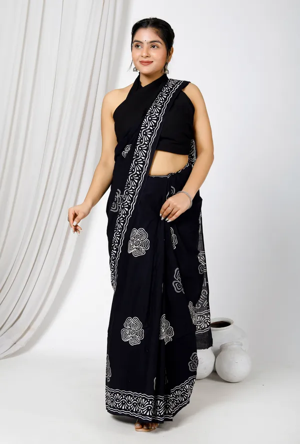 Black_Jaipuri_Block_Print_Bagru_Hand_Block_Printed_Mulmul_Cotton_Saree_For_Woman