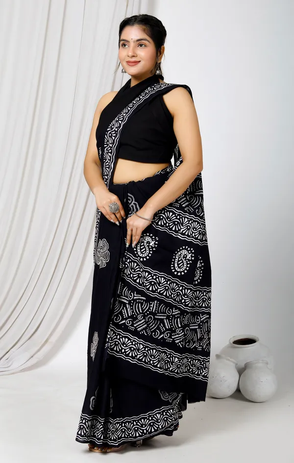 Black_Jaipuri_Block_Print_Bagru_Hand_Block_Printed_Mulmul_Cotton_Saree_For_Woman
