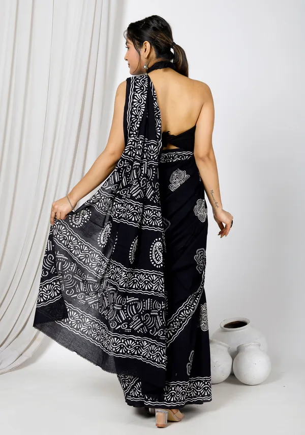Black_Jaipuri_Block_Print_Bagru_Hand_Block_Printed_Mulmul_Cotton_Saree_For_Woman