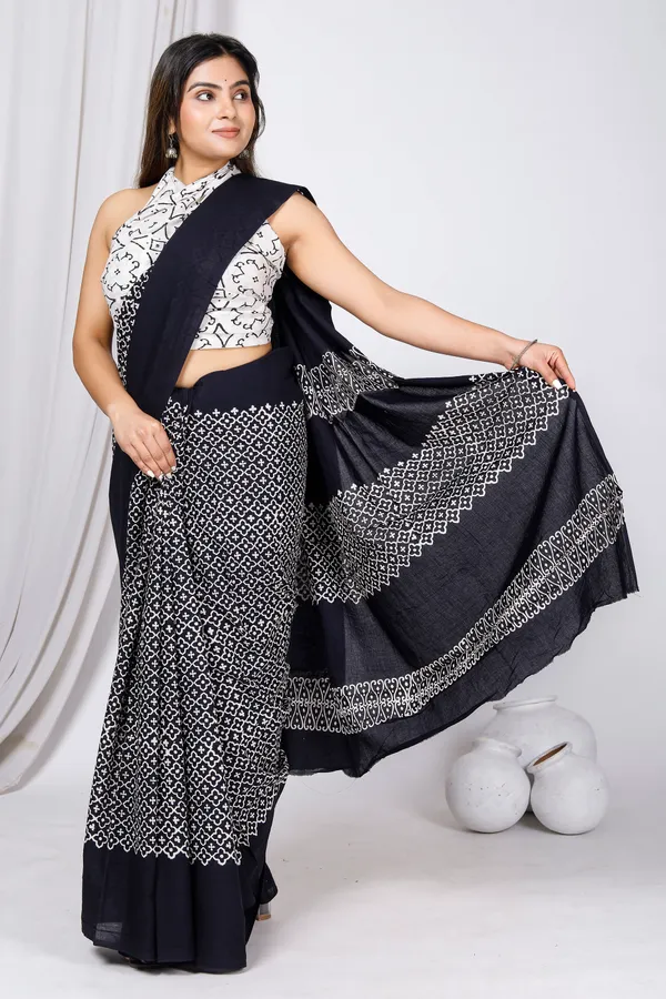 Black_Jaipuri_Block_Print_Bagru_Hand_Block_Printed_Mulmul_Cotton_Saree_For_Woman