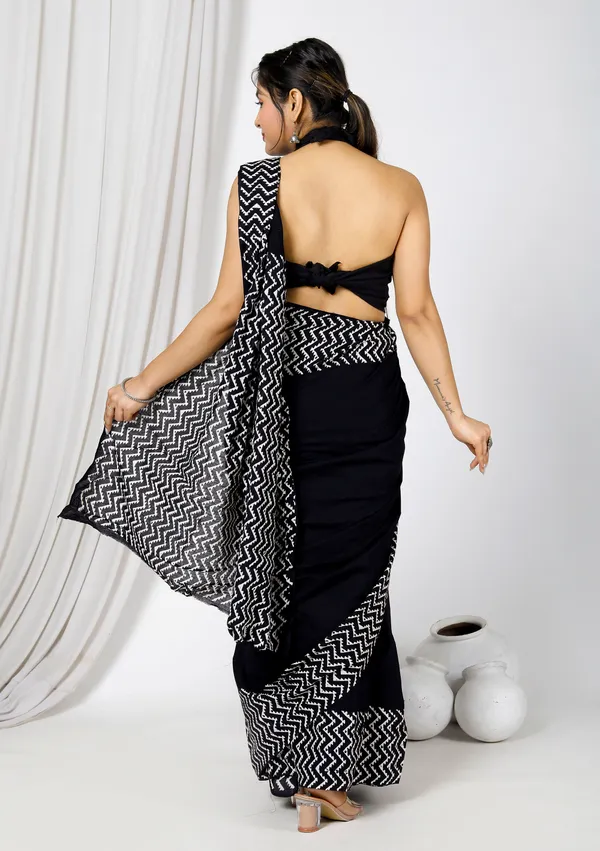 Black_Jaipuri_Block_Print_Bagru_Hand_Block_Printed_Mulmul_Cotton_Saree_For_Woman