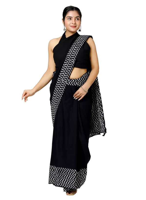 Black_Jaipuri_Block_Print_Bagru_Hand_Block_Printed_Mulmul_Cotton_Saree_For_Woman