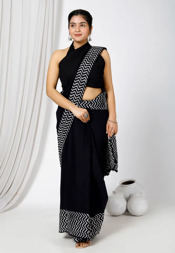 Black_Jaipuri_Block_Print_Bagru_Hand_Block_Printed_Mulmul_Cotton_Saree_For_Woman