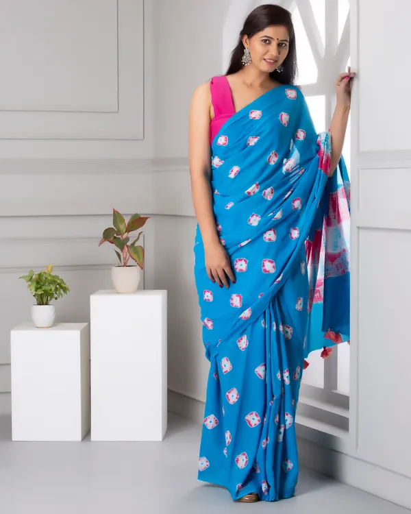 Turquoise_Blue_Jaipuri_Block_Print_Bagru_Hand_Block_Printed_Mulmul_Cotton_Saree_For_Woman