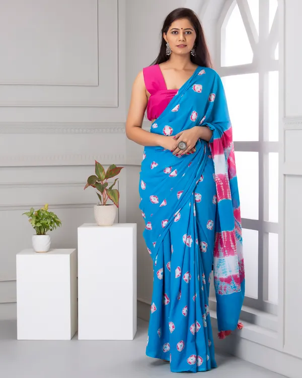 Turquoise_Blue_Jaipuri_Block_Print_Bagru_Hand_Block_Printed_Mulmul_Cotton_Saree_For_Woman
