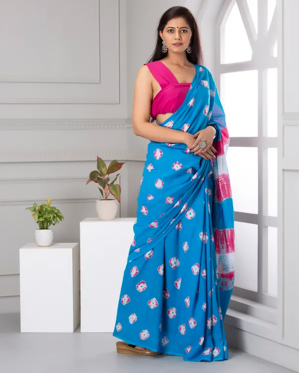 Turquoise_Blue_Jaipuri_Block_Print_Bagru_Hand_Block_Printed_Mulmul_Cotton_Saree_For_Woman