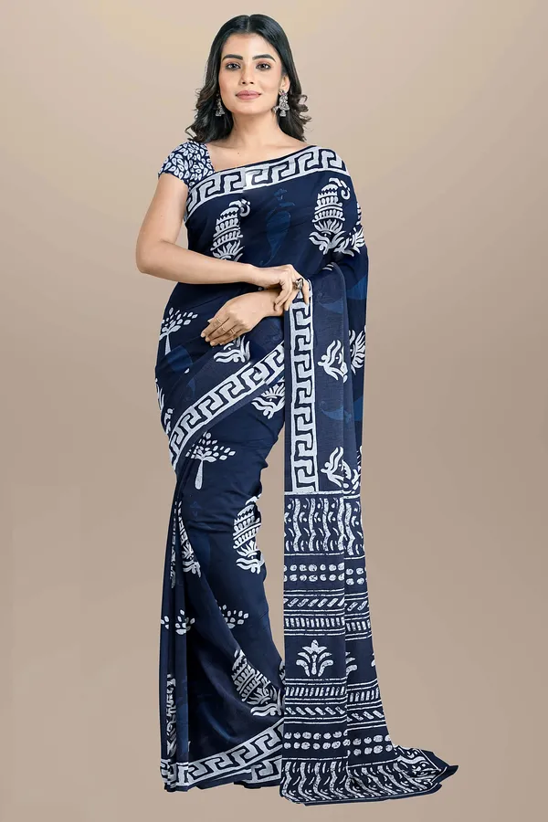 Blue_Jaipuri_Block_Print_Bagru_Hand_Block_Printed_Mulmul_Cotton_Saree_For_Woman