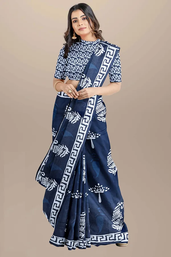 Blue_Jaipuri_Block_Print_Bagru_Hand_Block_Printed_Mulmul_Cotton_Saree_For_Woman