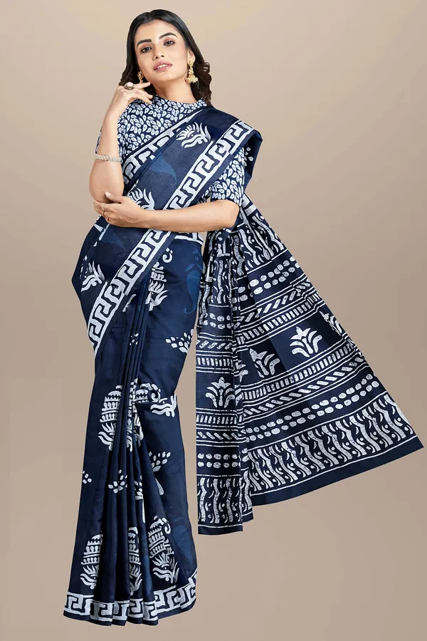 Blue_Jaipuri_Block_Print_Bagru_Hand_Block_Printed_Mulmul_Cotton_Saree_For_Woman