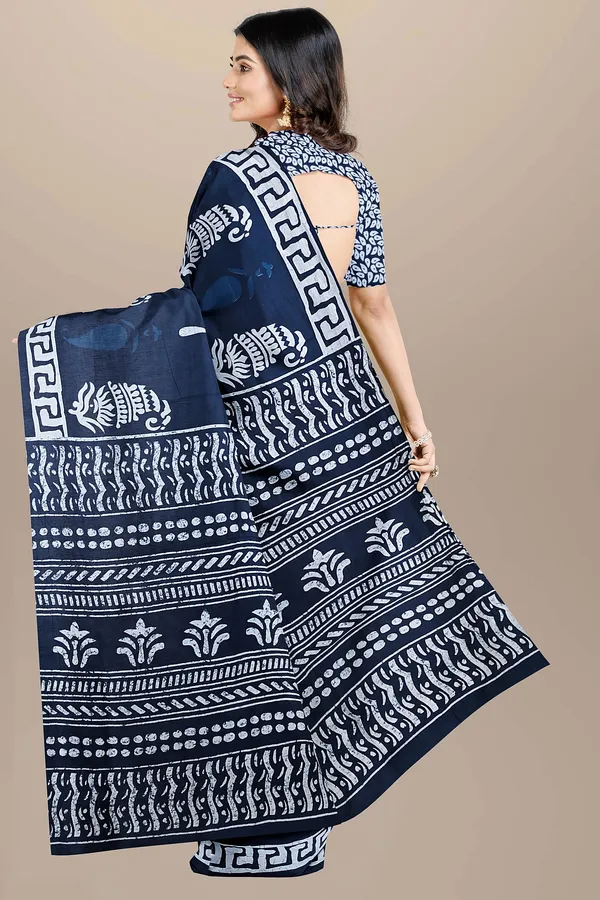 Blue_Jaipuri_Block_Print_Bagru_Hand_Block_Printed_Mulmul_Cotton_Saree_For_Woman