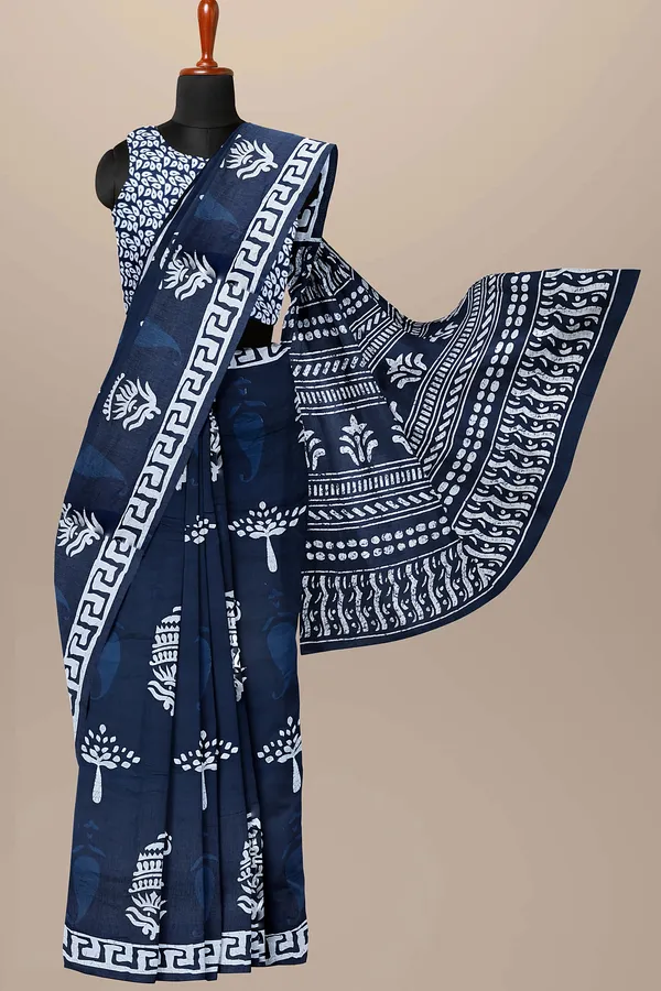 Blue_Jaipuri_Block_Print_Bagru_Hand_Block_Printed_Mulmul_Cotton_Saree_For_Woman