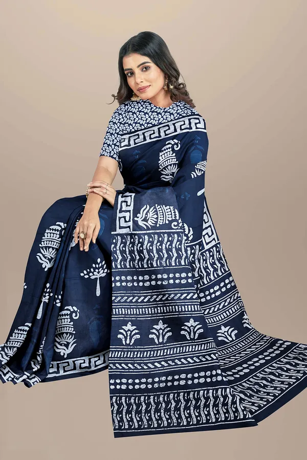 Blue_Jaipuri_Block_Print_Bagru_Hand_Block_Printed_Mulmul_Cotton_Saree_For_Woman