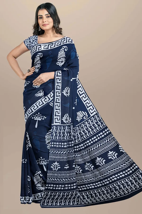 Blue_Jaipuri_Block_Print_Bagru_Hand_Block_Printed_Mulmul_Cotton_Saree_For_Woman