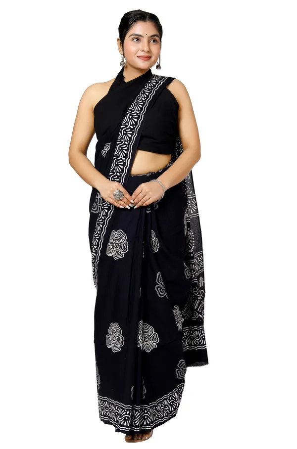 Black_Jaipuri_Block_Print_Bagru_Hand_Block_Printed_Mulmul_Cotton_Saree_For_Woman