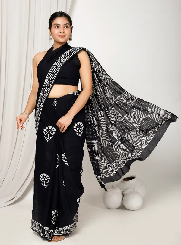 Black_Jaipuri_Block_Print_Bagru_Hand_Block_Printed_Mulmul_Cotton_Saree_For_Woman