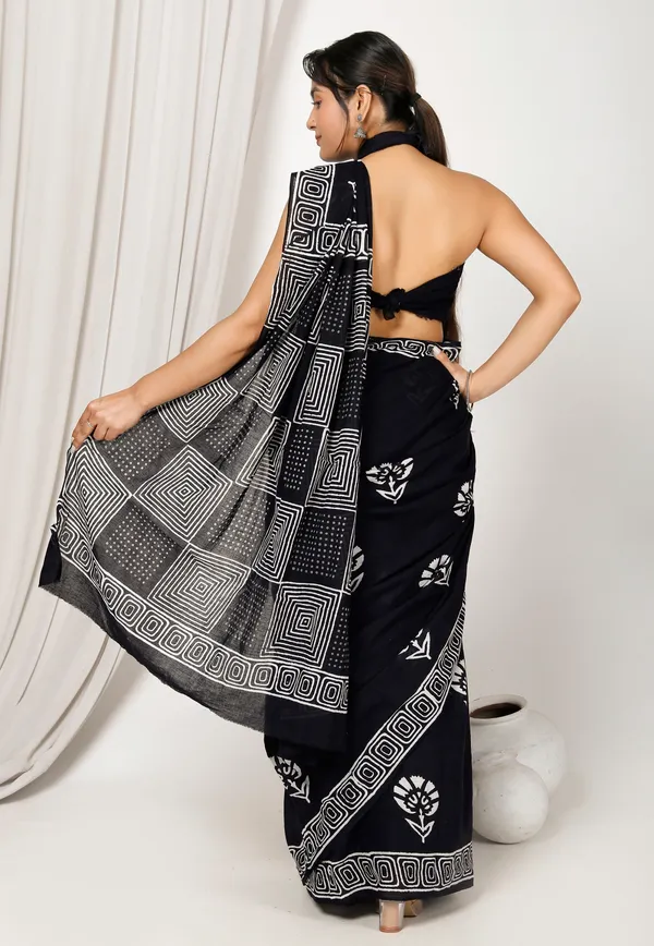 Black_Jaipuri_Block_Print_Bagru_Hand_Block_Printed_Mulmul_Cotton_Saree_For_Woman