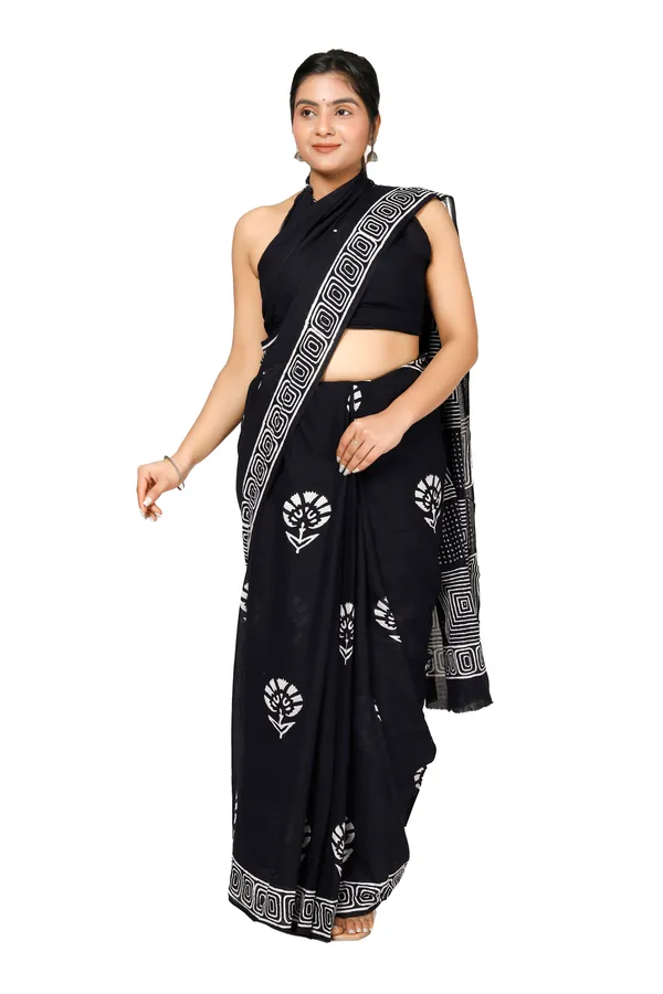 Black_Jaipuri_Block_Print_Bagru_Hand_Block_Printed_Mulmul_Cotton_Saree_For_Woman